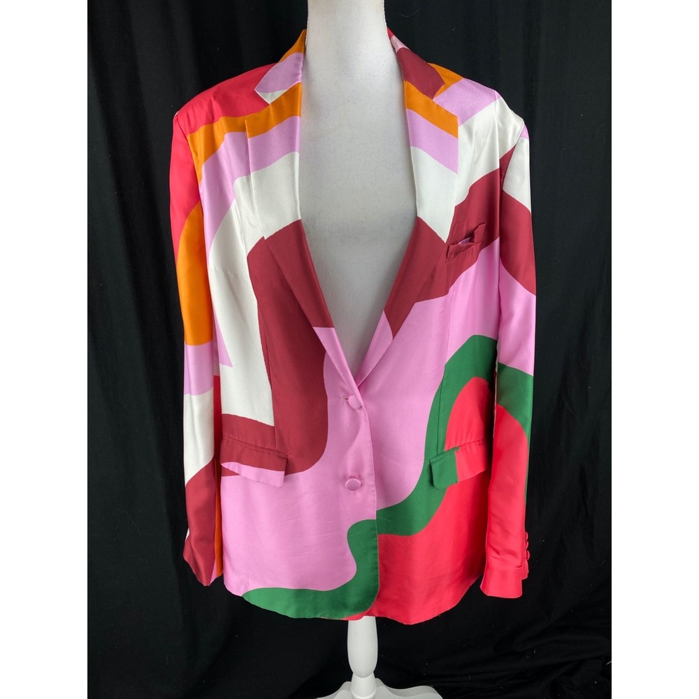 Etro 46 Silk Satin Printed Blazer Jacket Swirl Colorblock Striped Boho Art Wear